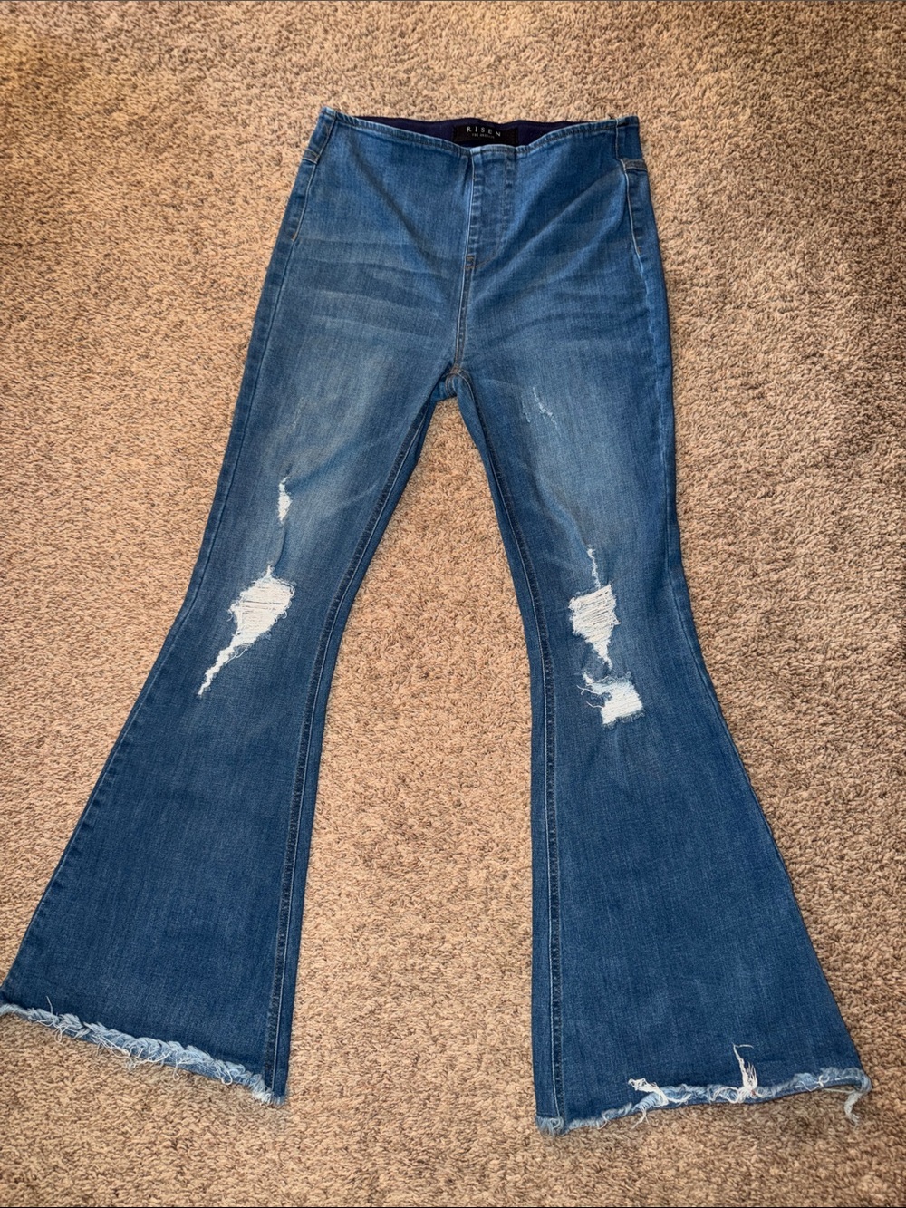 Risen Pull On high-rise distressed flare jeans size M